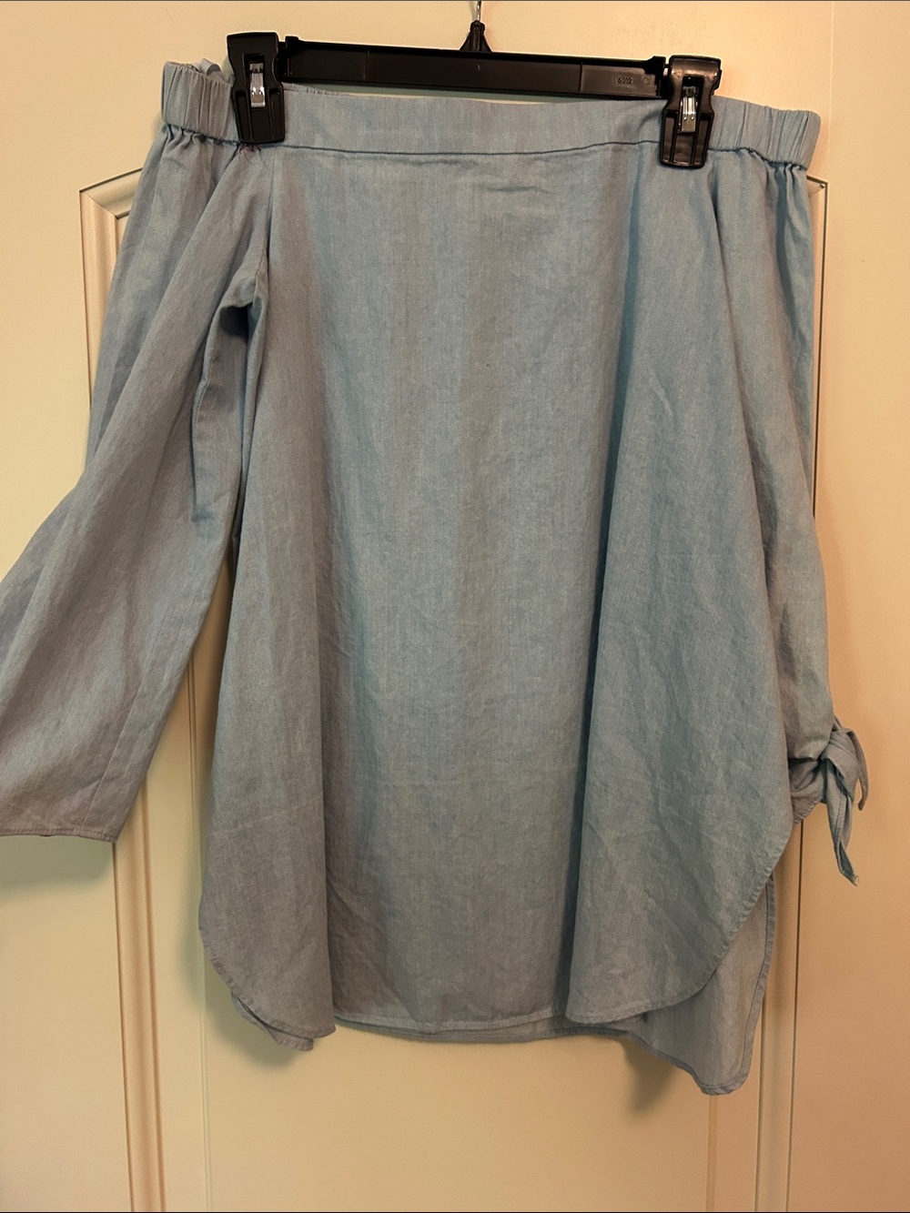 Tibi Light Denim Blue Off-Shoulder Top with Elbow Tie Sleeve. Quality &Value